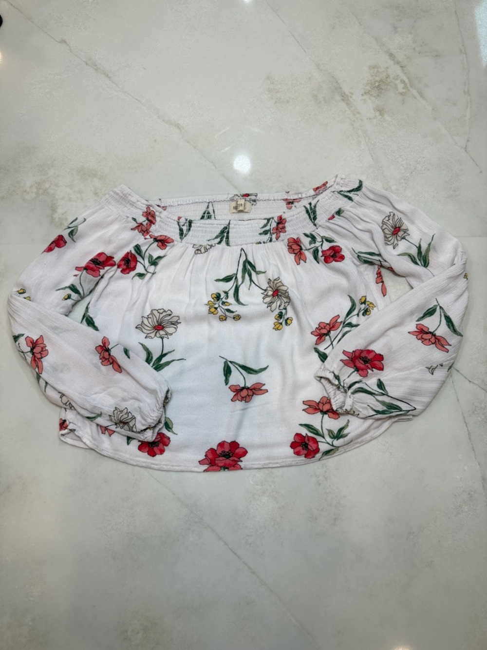 Hollister White Off-Shoulder Top with Red & Green Floral Print